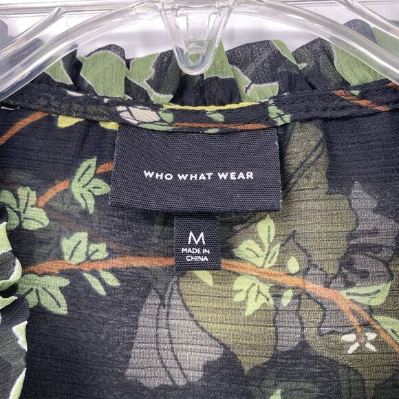 Who What Wear Floral Blouse Womens MEDIUM Sheer Chiffon Ruffle Tie Neck - Picture 6 of 12